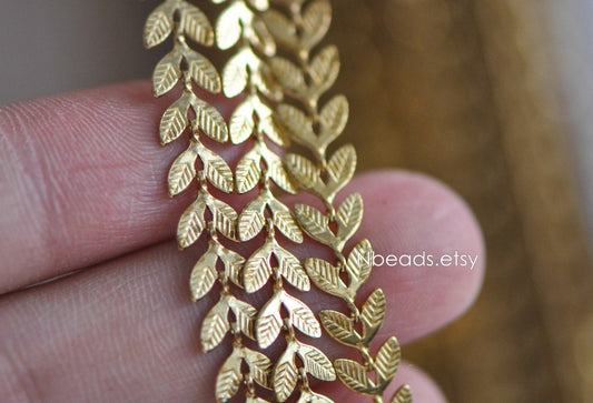 Unplated Raw Brass Designer Chain 6.5mm, Two Sided Leaf Chevron Chains (#LK-035)/ 1 Meter=3.3ft
