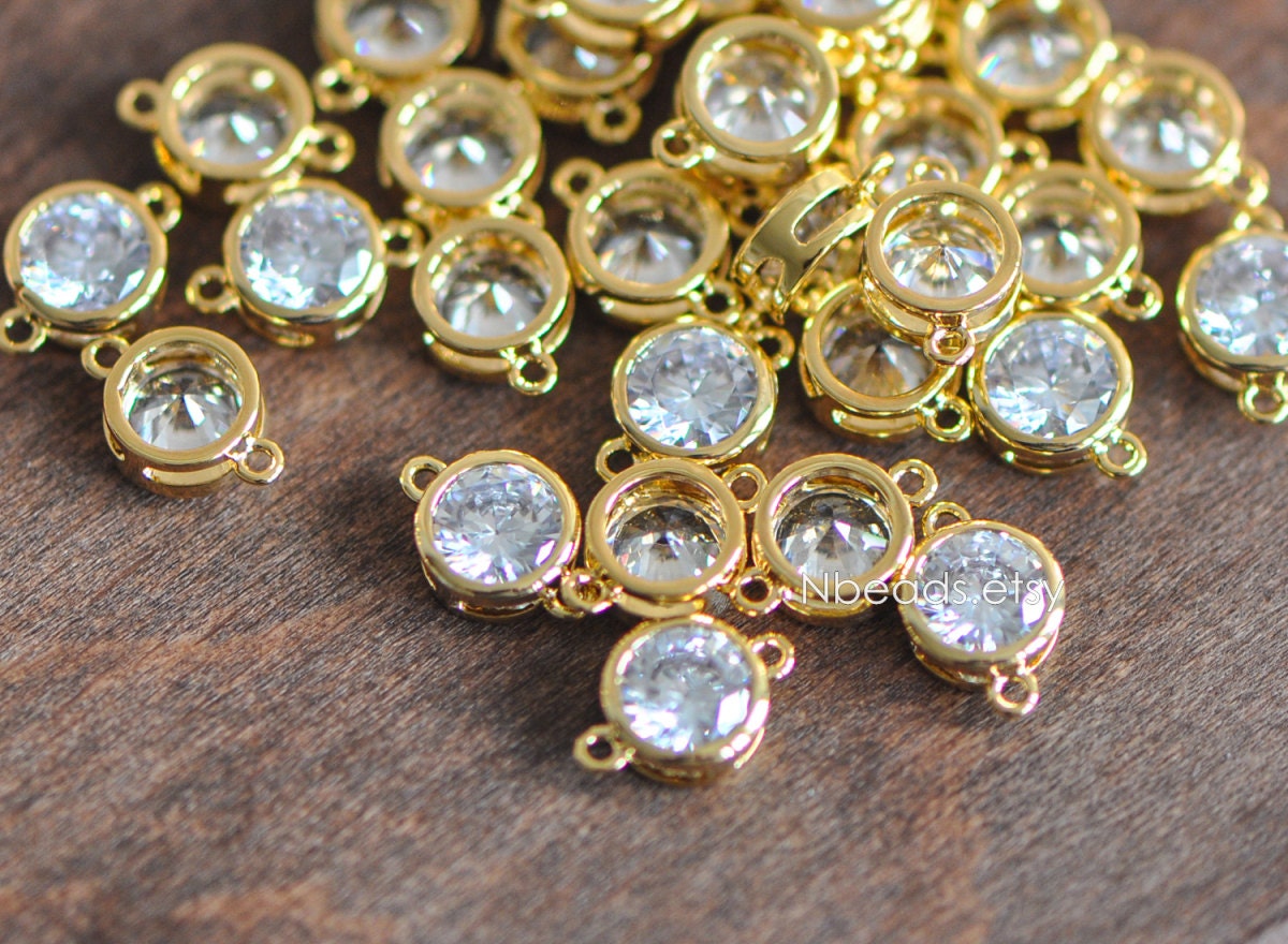 10pcs Gold/ Silver Tone Bezel Gemstone Connector 4/ 5/ 6/ 7mm, 18K Gold/ Rhodium plated Brass, Clear CZ Coin Charms (GB-011)