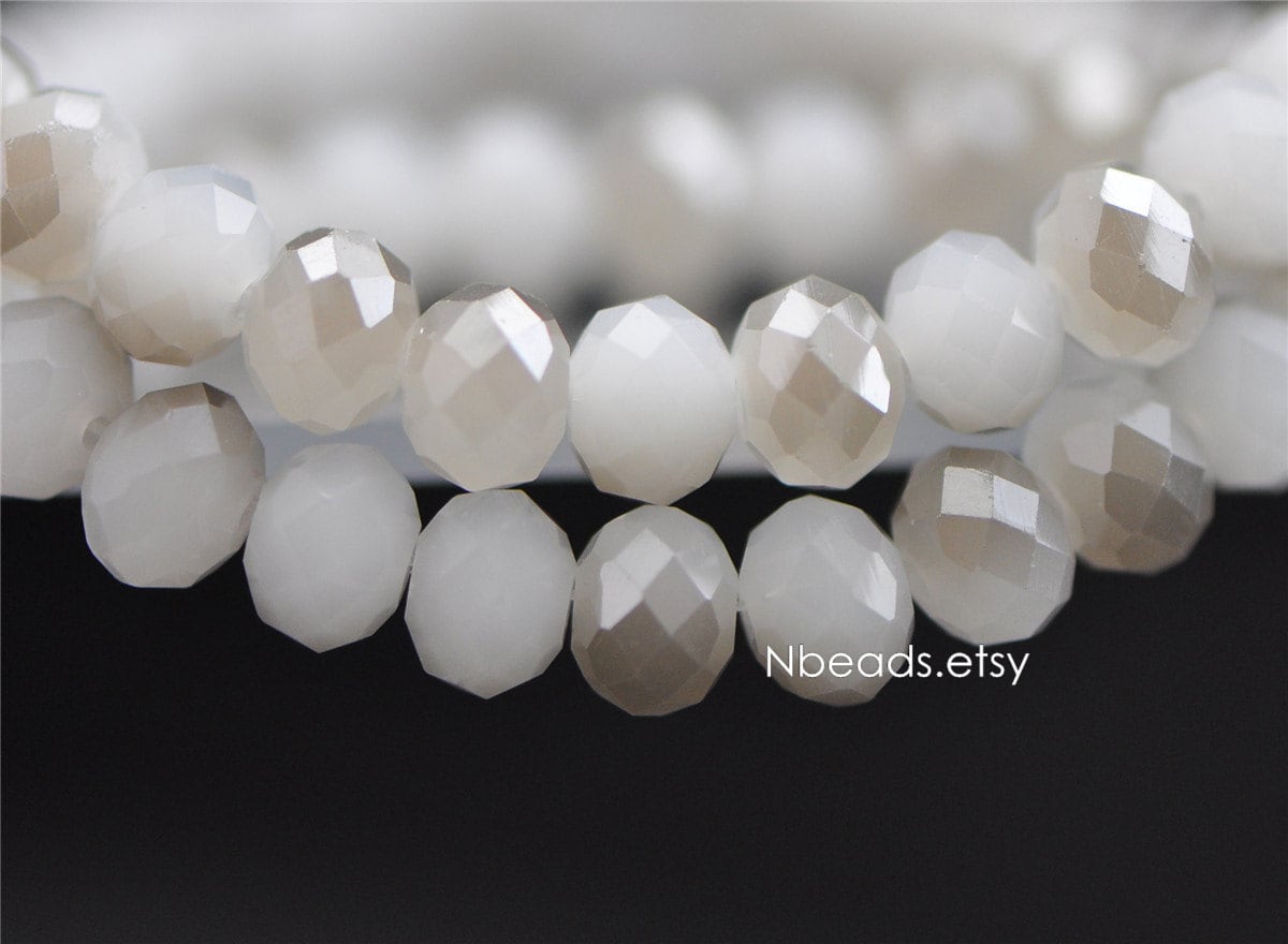 65 beads- Crystal Glass Faceted Rondelle beads 6x8mm, White Grey Sparkle (#BZ08-118)