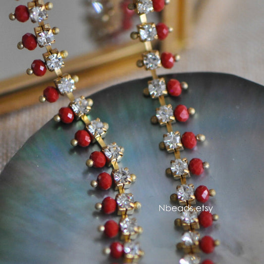 Red Crystal Glass Bead Chain 9mm, Rhinestone Unplated Brass Designer Chain (#LK-029)/ 1 Meter=3.3ft