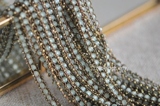 Green Crystal Glass Bead Chain 7mm, Unplated Brass Designer Chain (#LK-032-1)/ 1 Meter=3.3ft