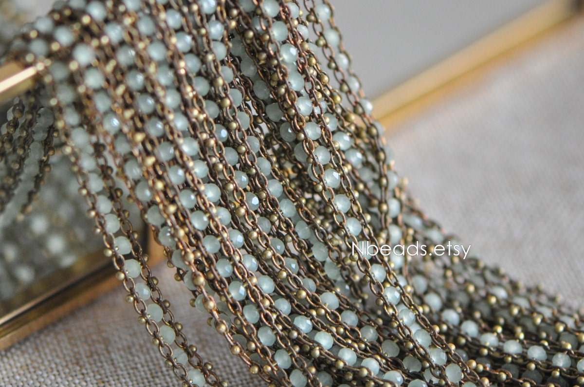 Crystal Glass Bead Chain 7mm, Unplated Brass Designer Chain, Green/ Black (#LK-032)/ 1 Meter=3.3ft