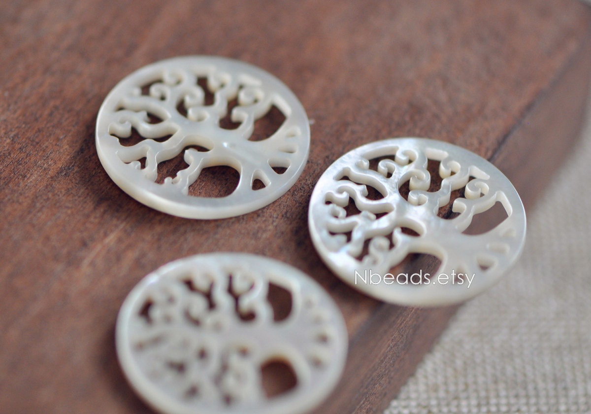 4pcs White Mother of Pearl 'Life Tree' Pendants, 25mm Round Shell Tree Charms, Hollow Cut Out Carvings -(BK-028)