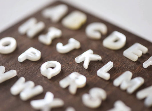 White Mother of Pearl Alphabet Beads, MOP Shell Letter Charms 10mm, You Choose Letter -(V1303)