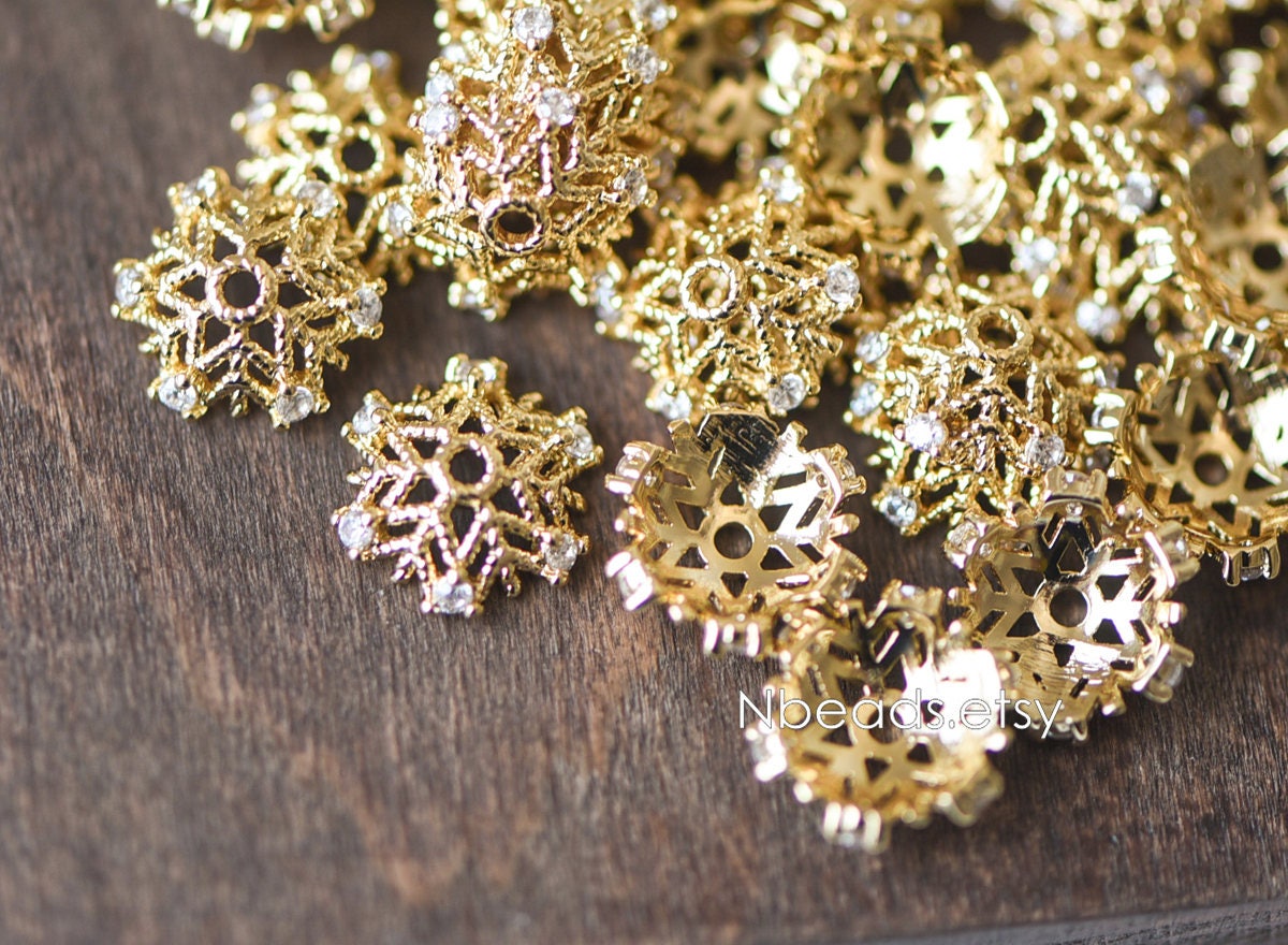 10pcs Gold Micro CZ Pave Bead Caps 11mm , Gold plated Brass Flower Cap Ends, Lead Nickel Free (GB-091)