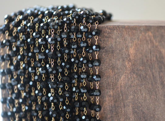 Crystal Faceted Round Bead Chain, Raw Brass Beaded Chains, 4mm Black (#LK-044-1)/ 1 Meter=3.3ft