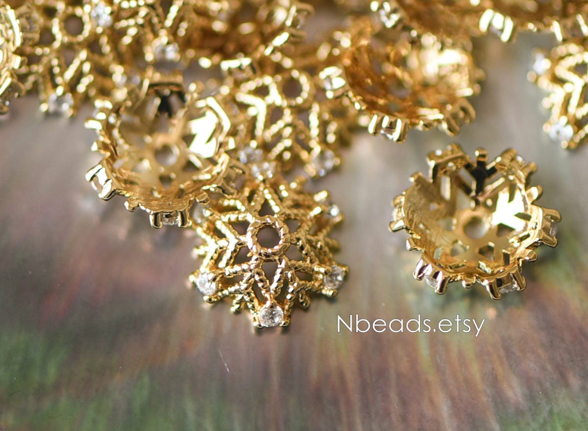 10pcs Gold Micro CZ Pave Bead Caps 11mm , Gold plated Brass Flower Cap Ends, Lead Nickel Free (GB-091)