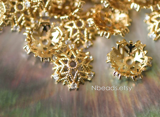 10pcs Gold Micro CZ Pave Bead Caps 11mm , Gold plated Brass Flower Cap Ends, Lead Nickel Free (GB-091)