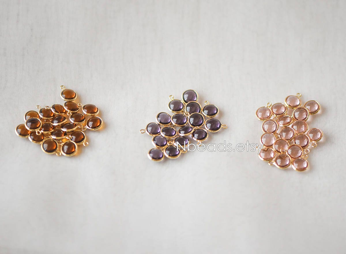 10pcs Gold Framed Crystal Coin Charms 9mm, Gold plated Brass Mini Charms, Purple Brown Pink (GB-130)