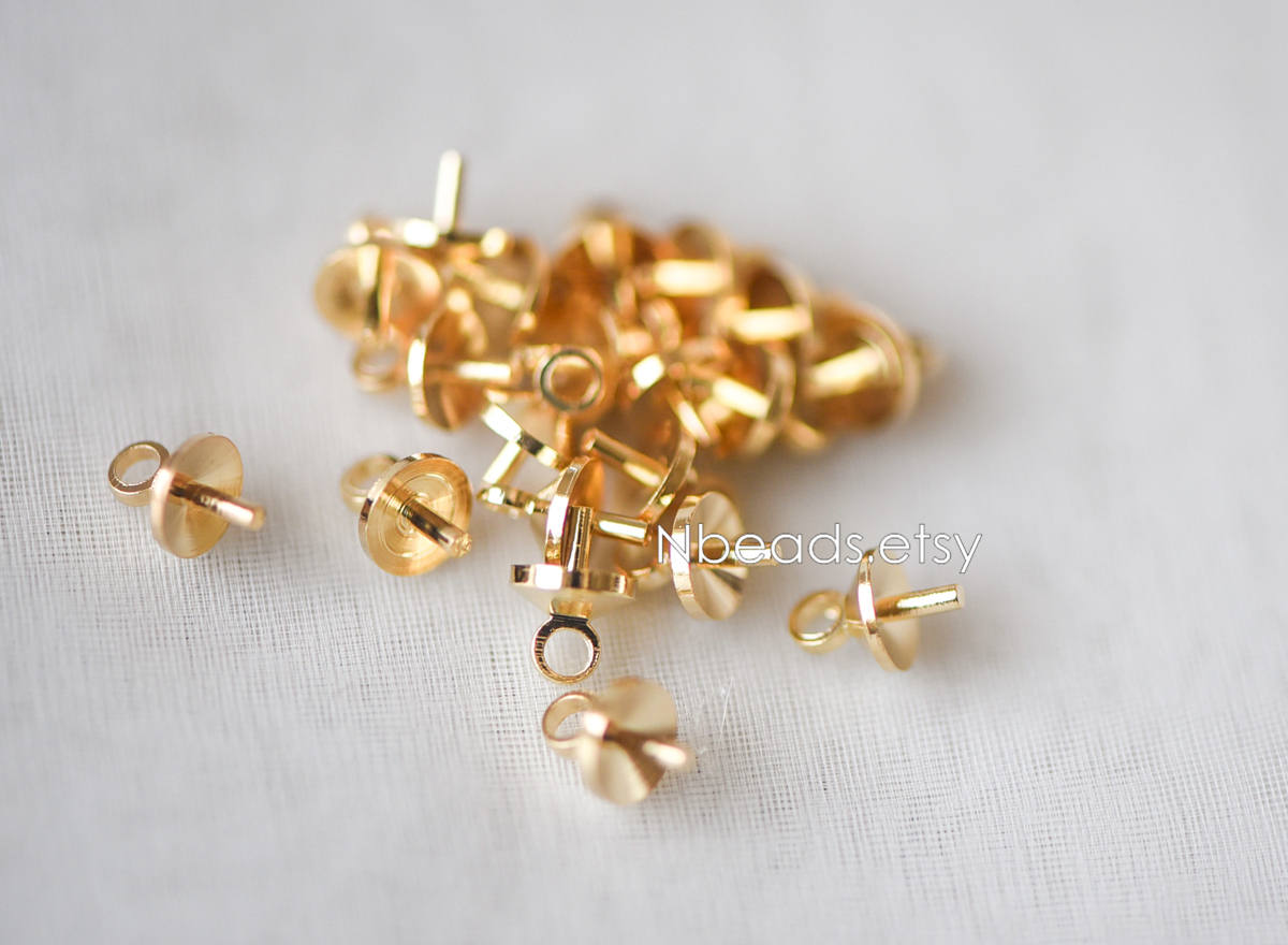 20pcs Gold plated Brass Peg Bail For Half Drilled Pearls Or Stones, Pearl Drop 4/ 5/ 6mm Cup (GB-135)