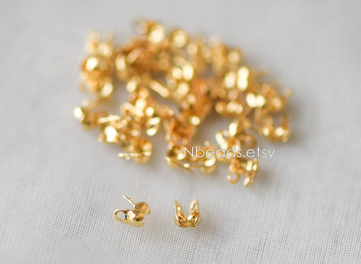 50pcs Gold/ Silver tone Side Clamp Bead Tips, Gold/ Rhodium plated Brass, Fit 1.5/ 2/ 2.5/ 3mm Beads, Multi Sizes (GB-134)