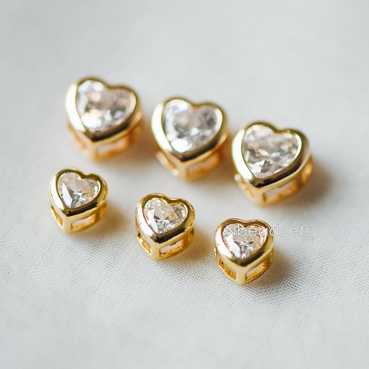 10pcs CZ Pave Heart Beads 7/ 9mm, Real Gold plated Brass Heart Connectors (GB-163)
