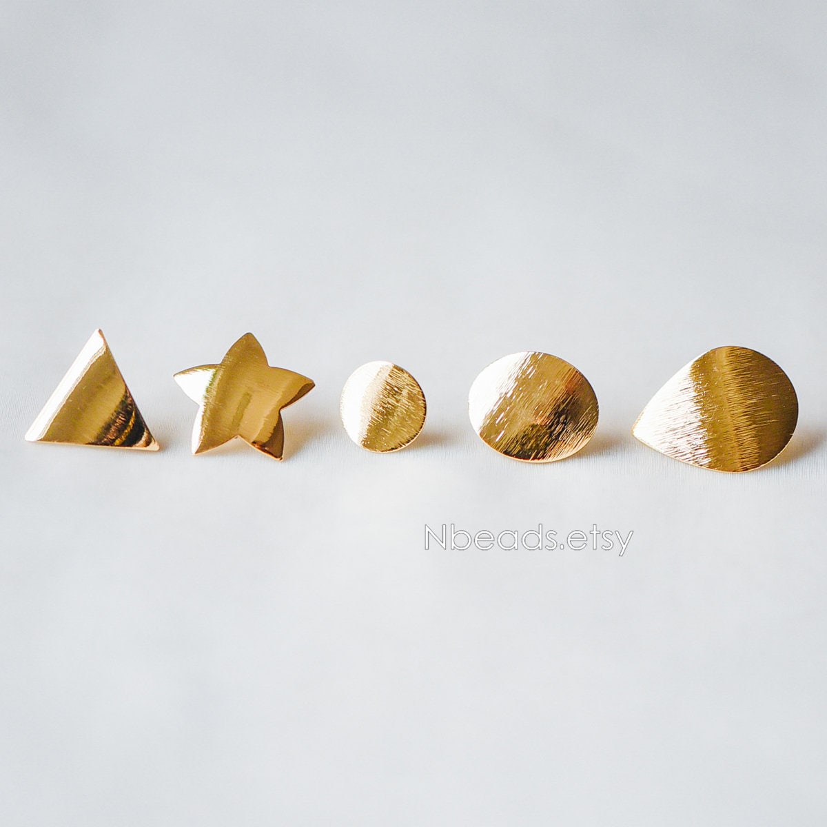 10pcs Brushed Gold Ear Posts with Loops, Real Gold Plated Brass, Triangle Star Round Oval Teardrop Geometric Earring Studs (GB-263)