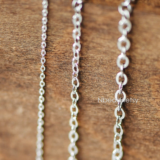 Dainty Silver Flat Oval Cable Chains, Rhodium plated Brass Tiny Chains, 1.2/ 1.4/ 1.6/ 1.8/ 2/ 2.5mm Thin Chains (#LK-001)/ 1 Meter=3.3 ft