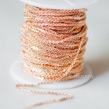 Rose Gold Oval Cable Chains, Real Gold plated Brass Designer Chain, 1.2/ 2.2mm Thin Decorative Chains (#LK-157)/ 1 meter