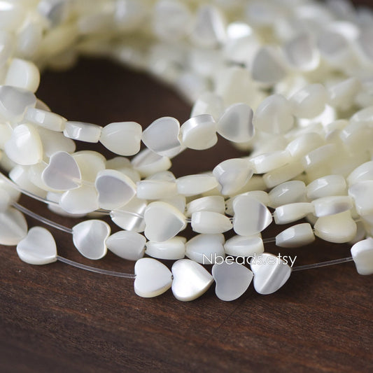 White Mother of Pearl Heart beads 6.5mm, Quality MOP Shell Heart Charms (BK-013) / 7.5 inch=19cm short strand