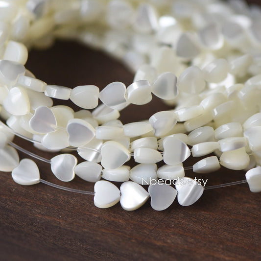 White Mother of Pearl Heart beads 6.5mm, Quality MOP Shell Heart Charms (#V1318-6) / 7.5 inch=19cm short strand