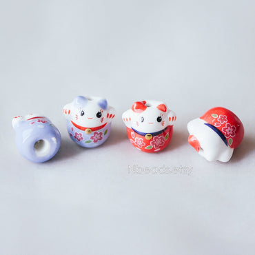 10 beads- Porcelain Lucky Cat beads 19mm, Ceramic Maneki Neko, Drilled Through Kawaii Cats, Blue Red (TC-153)