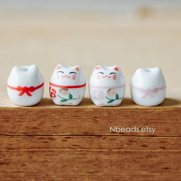10 beads- Porcelain Lucky Cat beads 15mm, Ceramic Maneki Neko, Drilled with hole, White Red/ Pink Kawaii Cat-(TC-148)
