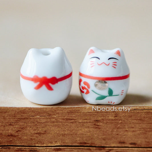 10 beads- Porcelain Lucky Cat beads 15mm, Ceramic Maneki Neko, Drilled with hole, White Red/ Pink Kawaii Cat-(TC-148)