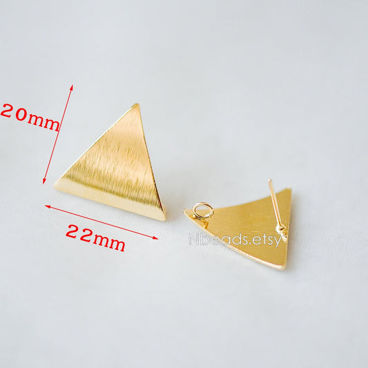 10pcs Brushed Gold Ear Posts with Loops, Real Gold Plated Brass, Triangle Star Round Oval Teardrop Geometric Earring Studs (GB-263)