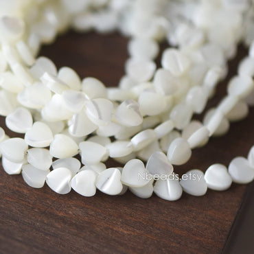 White Mother of Pearl Heart beads 6.5mm, Quality MOP Shell Heart Charms (#V1318-6) / 7.5 inch=19cm short strand