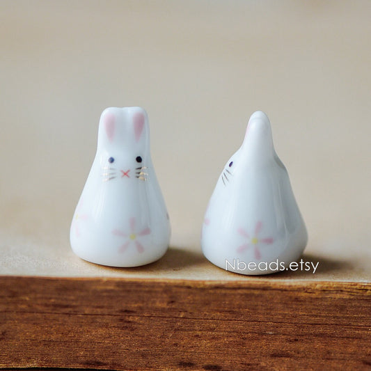 10pcs Kawaii Porcelain Bunny Beads, Floral Ceramic Rabbit beads, Pink Blue -(TC-132)