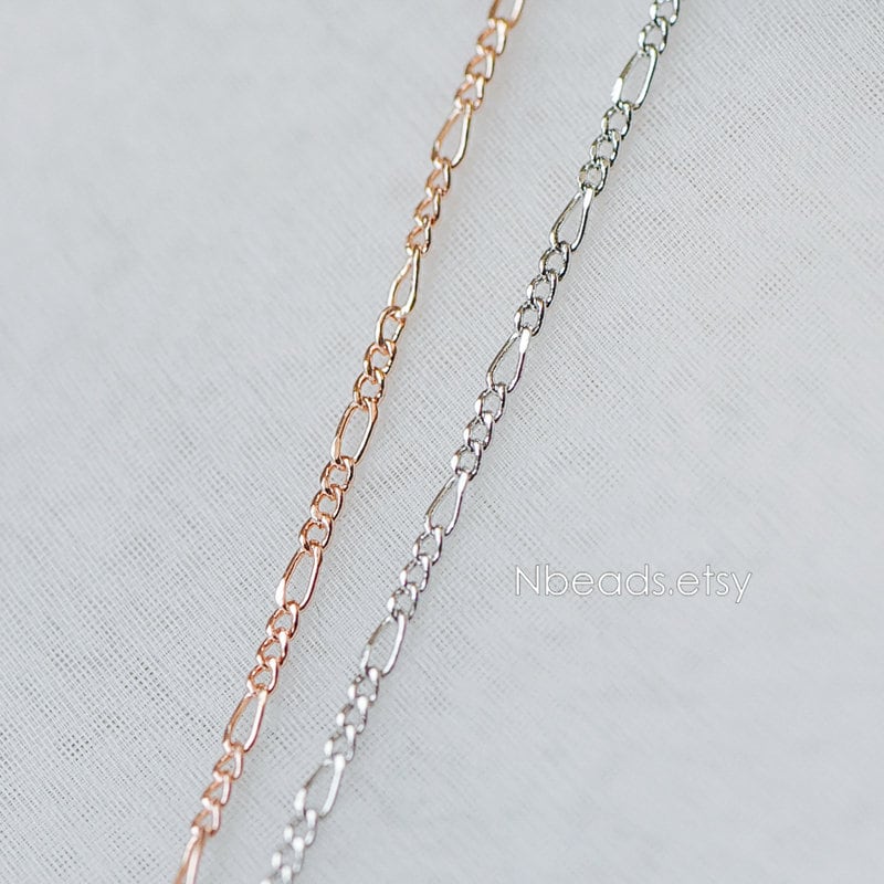 Gold/ Silver/ Rose God Figaro Chains, Real Gold/ Rhodium plated Brass, Color Not Easily Tarnish (#LK-168)/ 1 Meter=3.3 ft