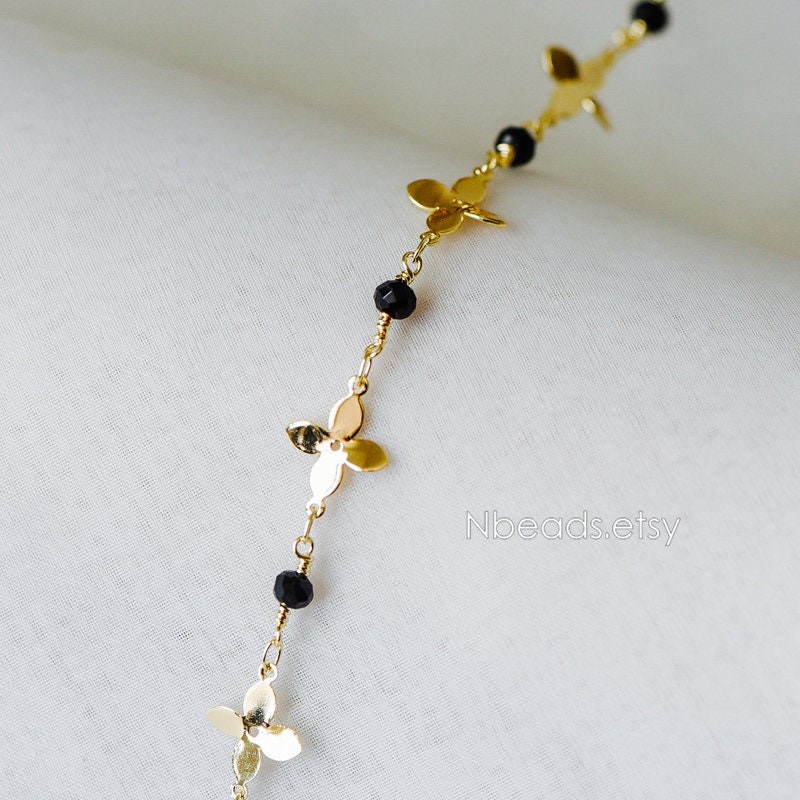 Crystal Glass Bead Chain with 11mm Flower, Gold plated Brass Designer Chain, Color Not Easily Tarnish (#LK-172)/ 1 Meter=3.3ft