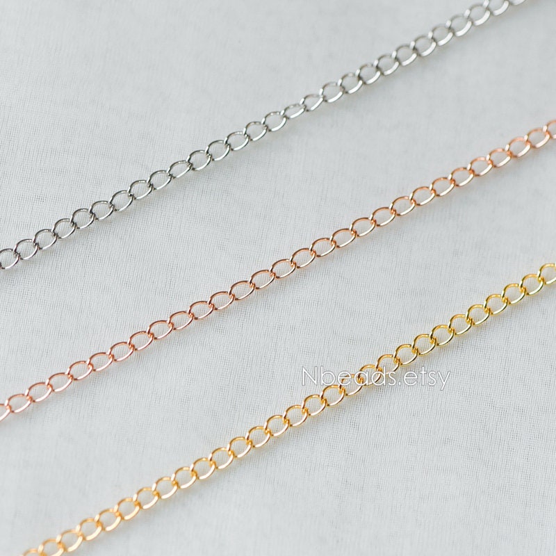 Gold/ Silver/ Rose Gold Curb Chain 3mm, Real Gold/ Rhodium Plated Brass "Extender" Chain, Color Not Easily Tarnish (LK-175)/ 1 meter