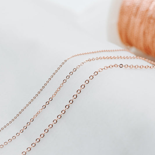 Dainty Rose Gold Flat Oval Cable Chains, Real Gold plated Brass Tiny Chains, 1.2/ 1.7/ 2.1mm Thin Chains (#LK-187)/ 1 Meter=3.3 ft
