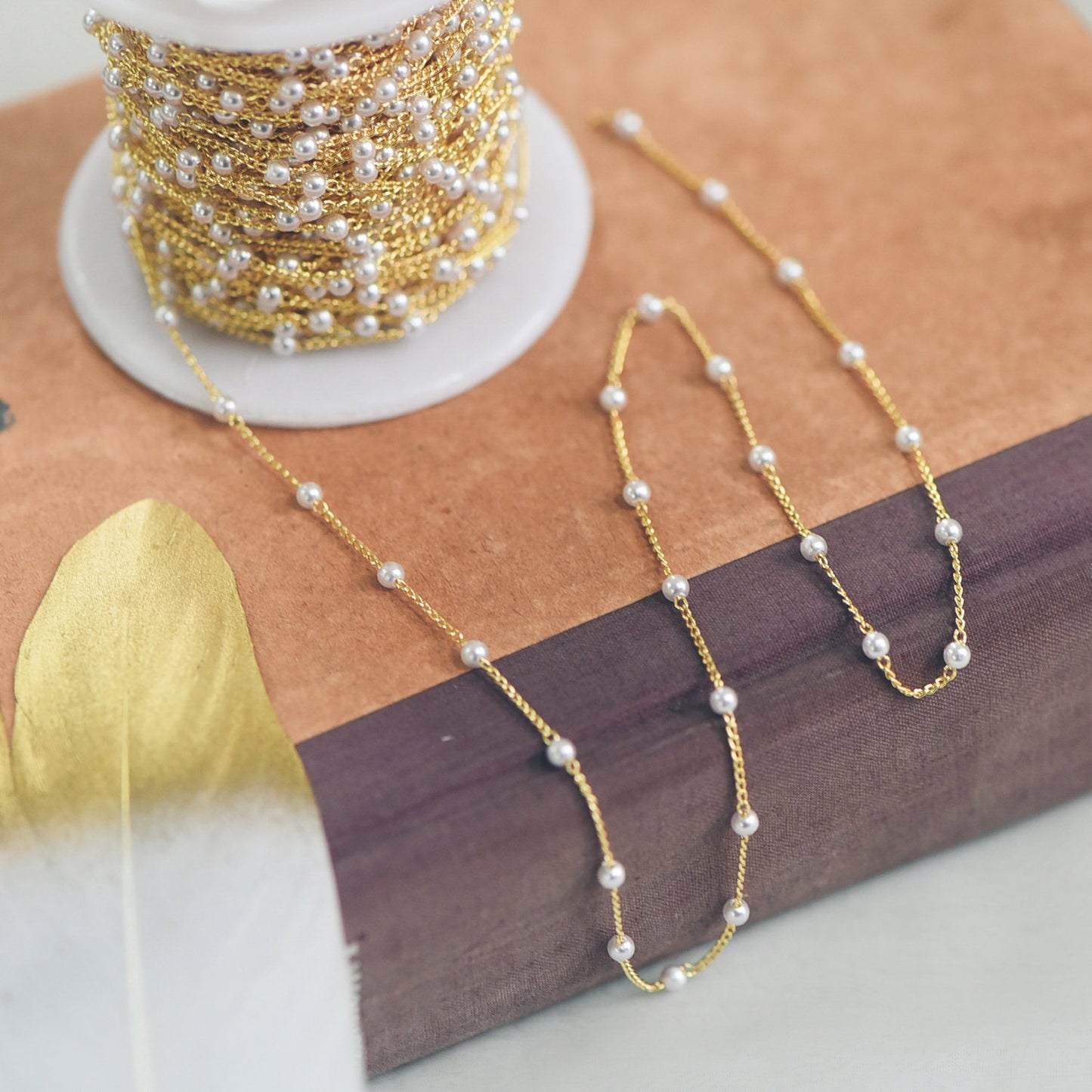 Gold Faux Pearl Beaded Chain, 18K Gold plated Brass Chain with Faux Pearl 3 / 4mm (LK-159) / 1 meter= 3.3ft