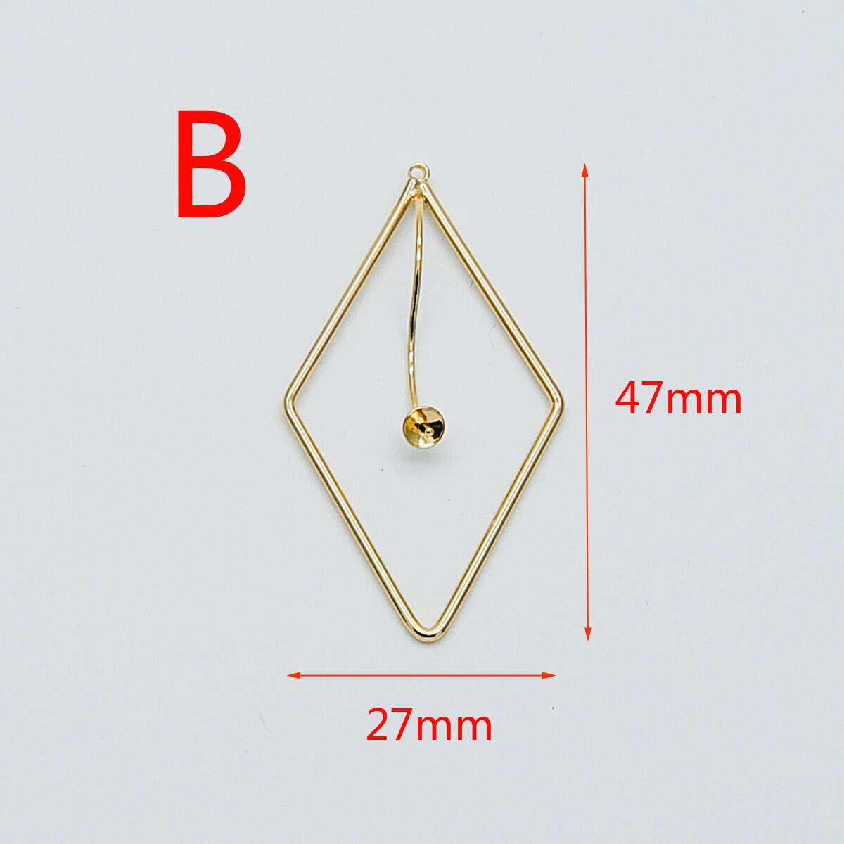 10pcs Gold Rhombus Pendants with Cap for Top Drilled Stone Pearls, Geometric Earring Pendants 47mm (GB-452)