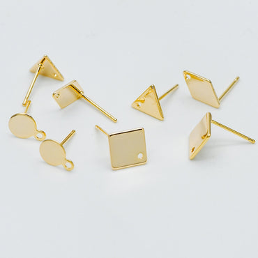10pcs Gold Ear Posts with Loops, 18K Gold Plated Brass, Square Triangle Rhombus Round, Geometric Stud Earring Components (GB-494)
