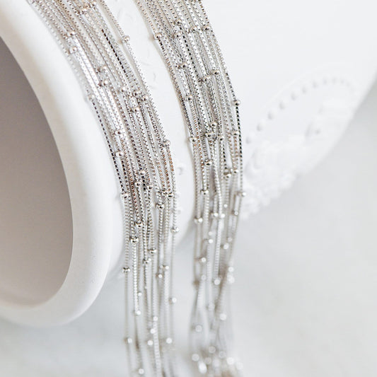 Sterling Silver .925 Beaded Necklace Chains, Rhodium plated Box Chains with Round Ball Beads, 0.6mm=22 gauge, 18 Inch Ready to Wear (CY-013)