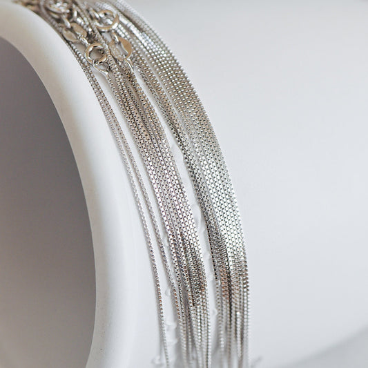 Sterling Silver .925 Finished Necklace Chains for Women, Rhodium plated 18 Inch Box Chains, 0.6mm=22 gauge, Ready to Wear (CY-012)