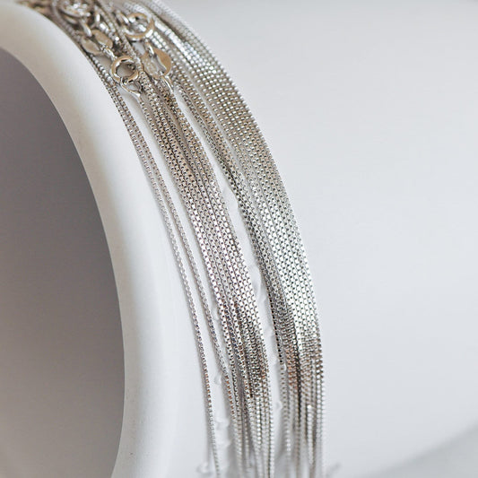 Sterling Silver .925 Finished Necklace Chains for Women, Rhodium plated 18 Inch Box Chains, 0.6mm=22 gauge, Ready to Wear (CY-012)