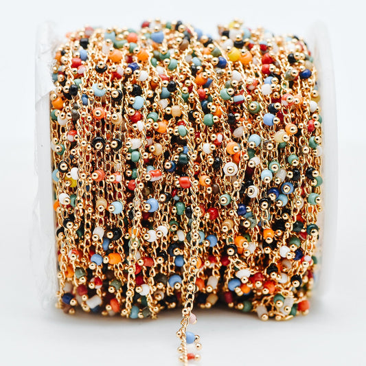 Gold plated Brass Beaded Chains, 1.8mm Chain with Glass Seed Beads, Necklace Chain Components (#LK-201)/ 1 Meter=3.3 ft