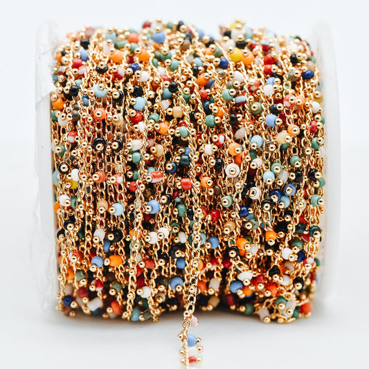 Gold plated Brass Beaded Chains, 1.8mm Chain with Glass Seed Beads, Necklace Chain Components (#LK-201)/ 1 Meter=3.3 ft