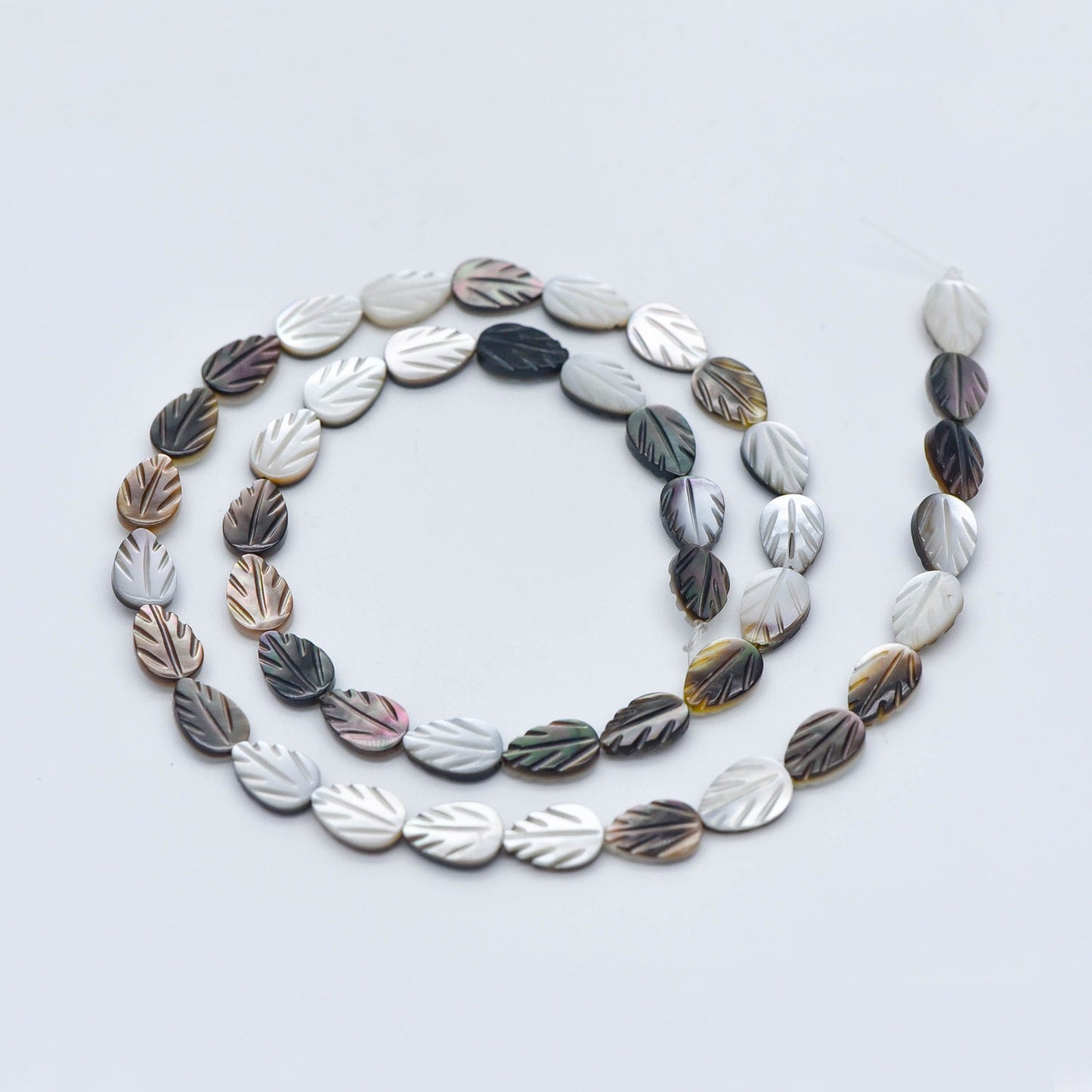Black MOP Shell Leaf beads, Natural Mother of Pearl Carved Leaf, 9mm / 12mm -(BK-012)/ Full strand