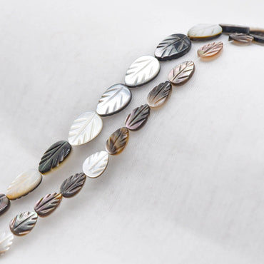Black MOP Shell Leaf beads, Natural Mother of Pearl Carved Leaf, 9mm / 12mm -(V1005)/ Full strand