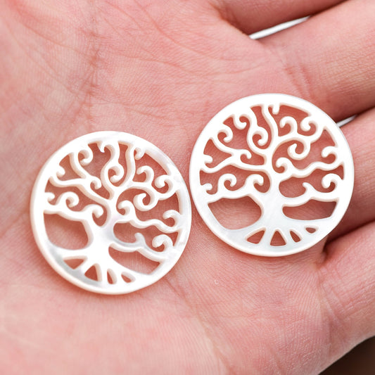 4pcs White Mother of Pearl 'Life Tree' Pendants, 25mm Round Shell Tree Charms, Hollow Cut Out Carvings -(BK-028)