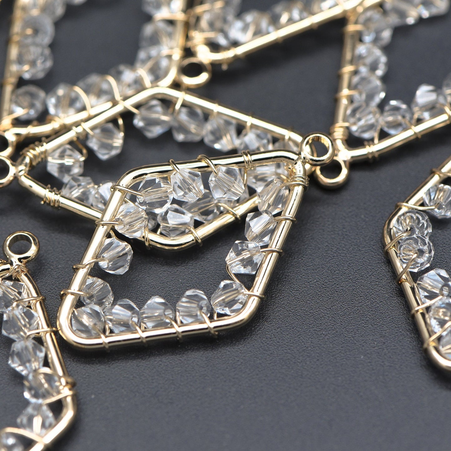 10pcs Gold Rhombus Beaded Charms 32x17mm, Wired Crystal Glass Beads Geometric Pendants, Dangle Earring Components (GB-552)