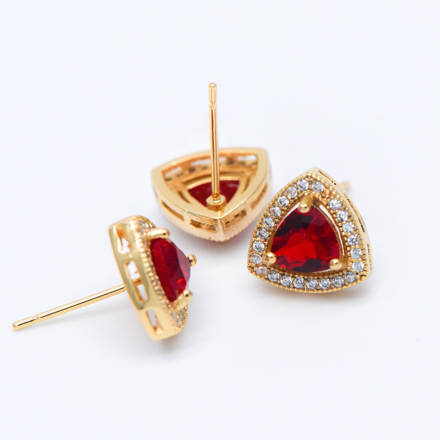 4pcs Red Triangle Stud Earrings, CZ Pave Gold plated Brass Ear Posts 11mm (#GB-571)