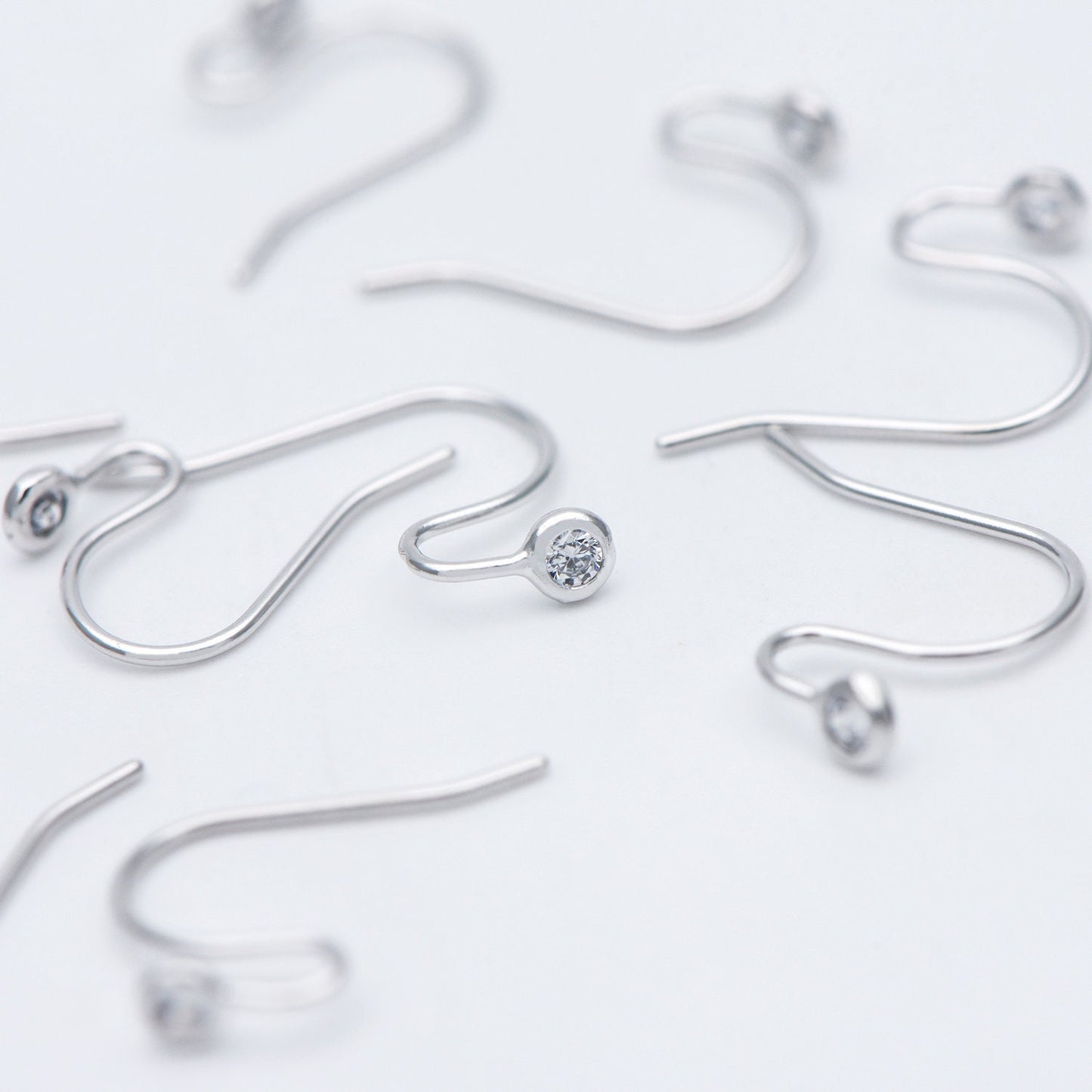 10pcs CZ Pave Gold/ Silver tone Earring Hooks, Real Gold/ Rhodium plated Brass, Simple Earwires with CZ End 15mm (GB-599)