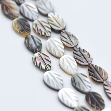 Black MOP Shell Leaf beads, Natural Mother of Pearl Carved Leaf, 9mm / 12mm -(BK-012)/ Full strand
