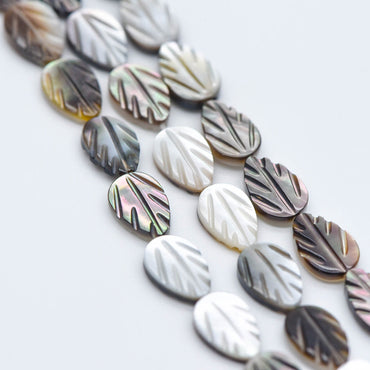 Black MOP Shell Leaf beads, Natural Mother of Pearl Carved Leaf, 9mm / 12mm -(BK-012)/ Full strand