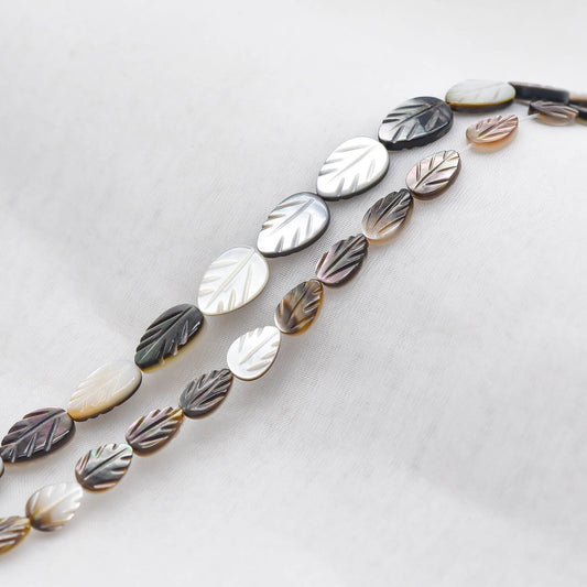 Black MOP Shell Leaf beads, Natural Mother of Pearl Carved Leaf, 9mm / 12mm -(BK-012)/ Full strand