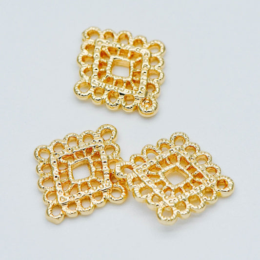 10pcs Gold Plated Brass Diamond Charms: Filigree Rhombus Connectors (GB-890-A)