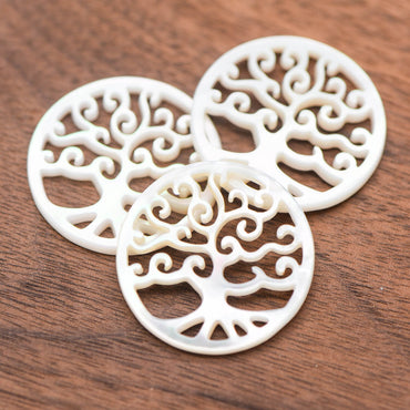 4pcs White Mother of Pearl 'Life Tree' Pendants, 25mm Round Shell Tree Charms, Hollow Cut Out Carvings -(BK-028)